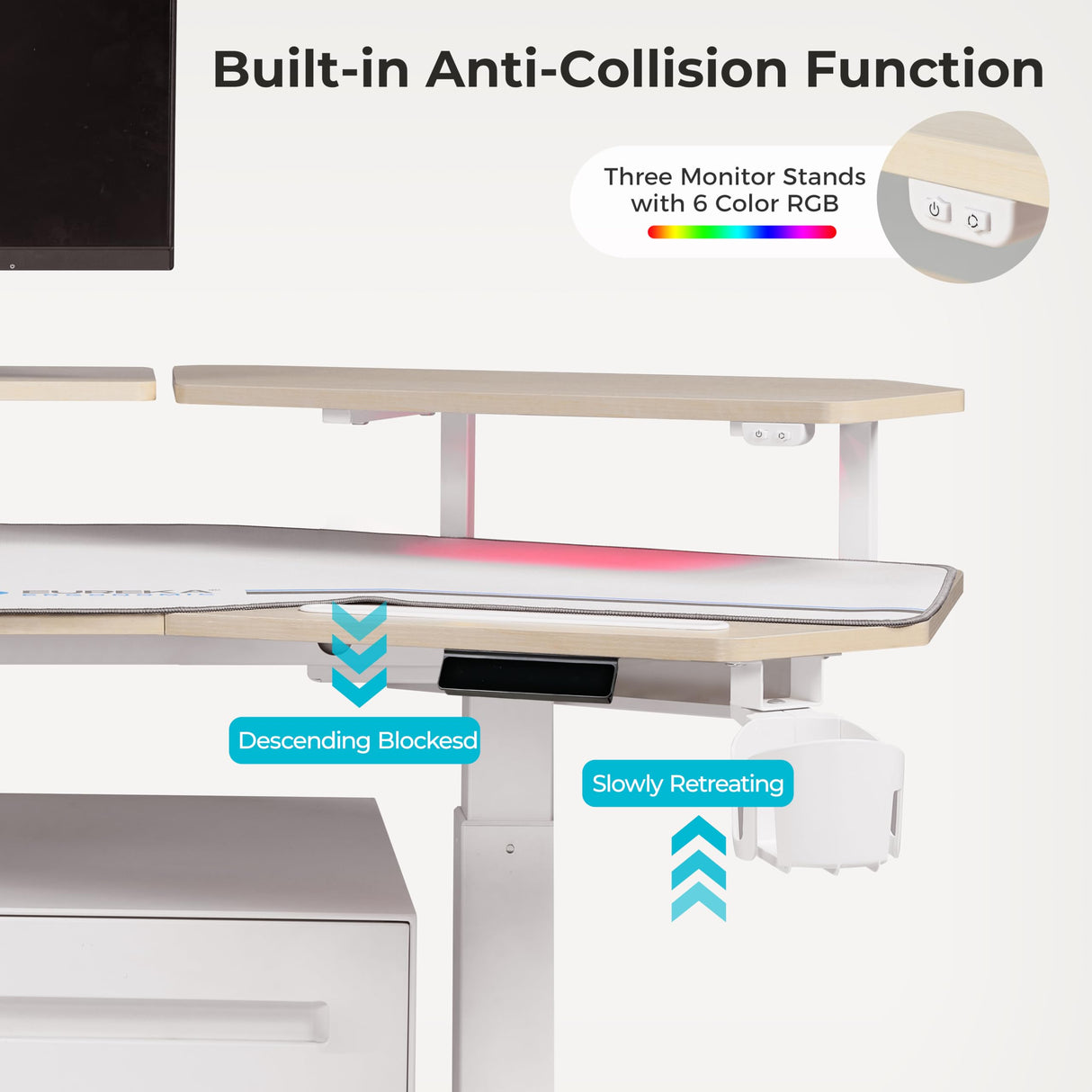 EUREKA ERGONOMIC Standing Desk,63" Electric Adjustable Height Computer Desk,Wing Shaped Music Studio Desk, LED Monitor Stands, Dual Motor&Slot, Maple EUREKA ERGONOMIC