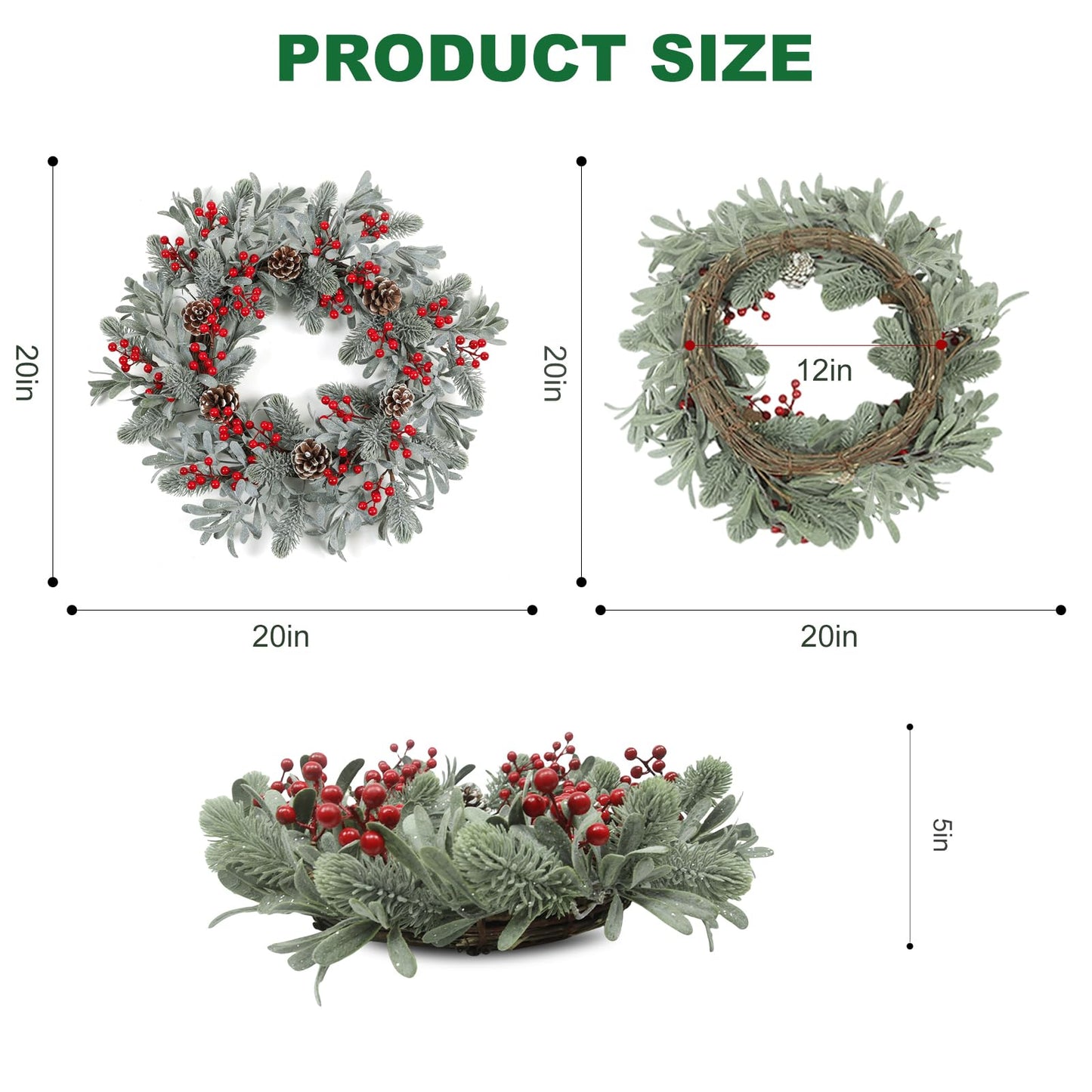 podafu Artificial Christmas Wreath 20 Inch Christmas Wreaths for Front Door Winter Wreath with Red Holly Berries Pine Cones for Front Doors Xmas Winter Holiday Indoor and Outdoor