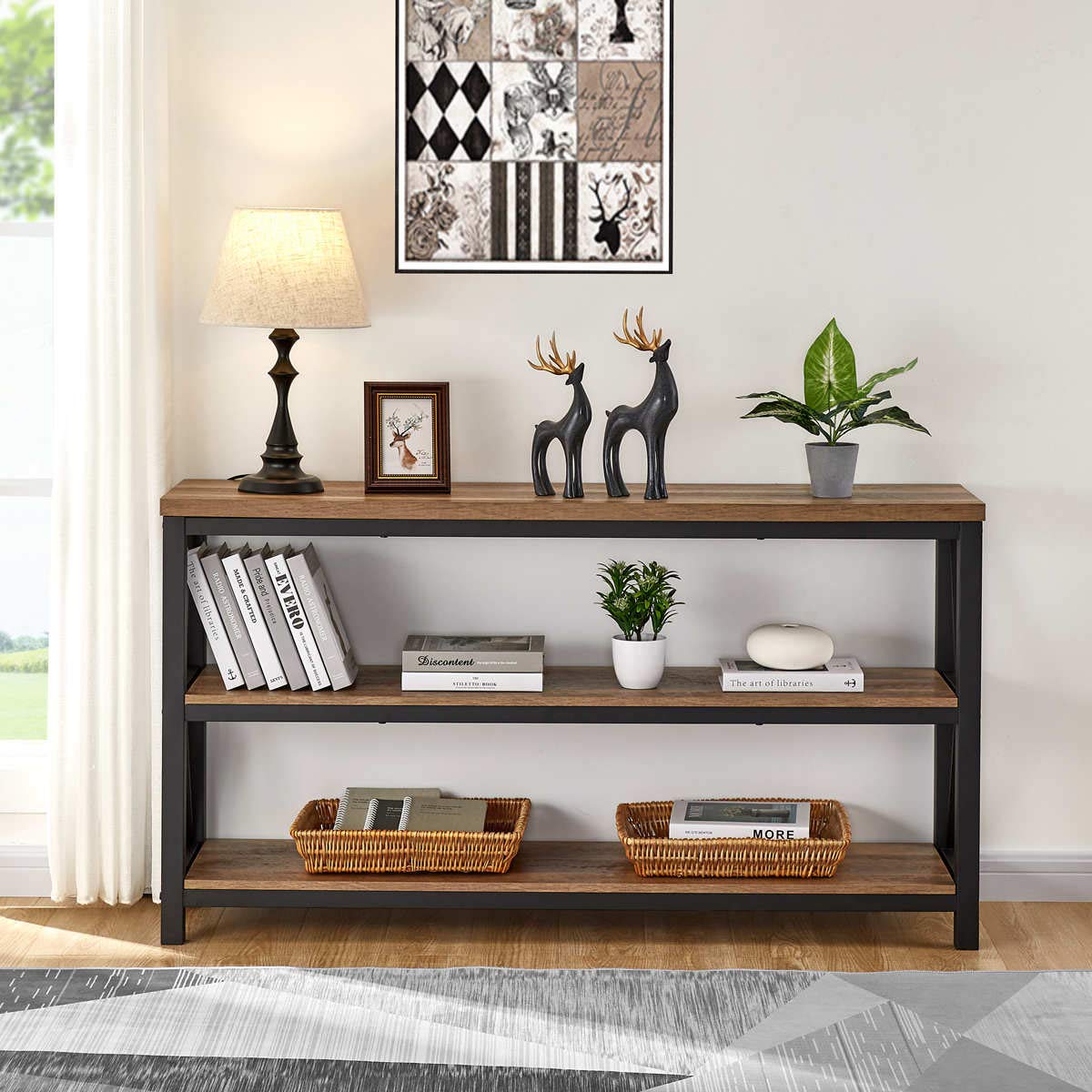 FATORRI Rustic Oak Industrial Console Table with 3-Tier Shelves for Entryway and Living Room FATORRI