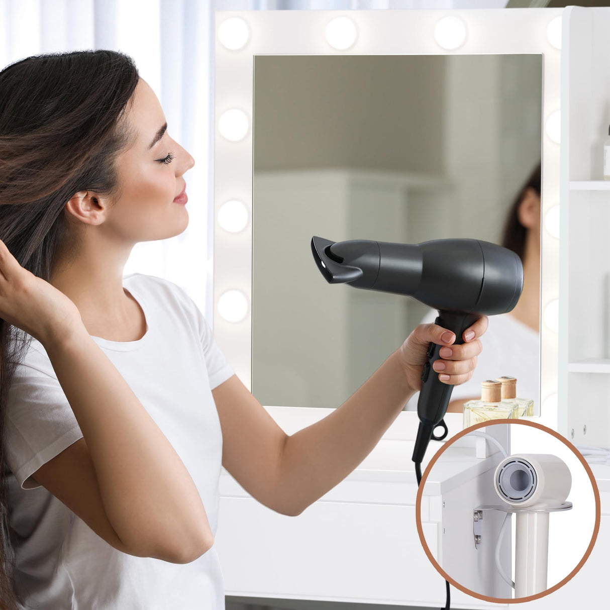 Lynxor Vanity Desk with Mirror and 12 LED Lights, Makeup Vanity Table with USB & Power Outlets, Spacious Storage Drawers, Shelves, and Cushioned Stool, Perfect for Bedroom, Hairdryer Holder, White Lynxor