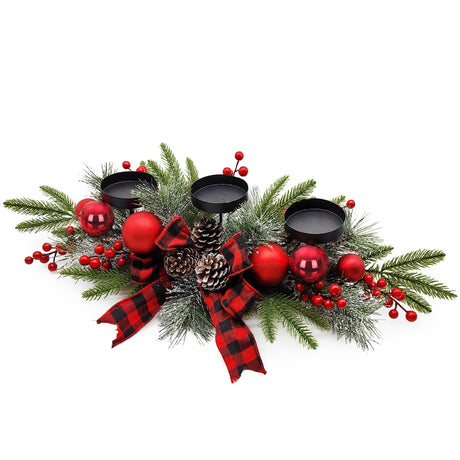 Christmas Table Centerpieces Decorations, 27.5 Inch Designed with Golden Bowknot Baubles Ornaments, Artificial Golden Berries and Pine Cones for Dining Room Table (Red Ball) SUNNYPARK