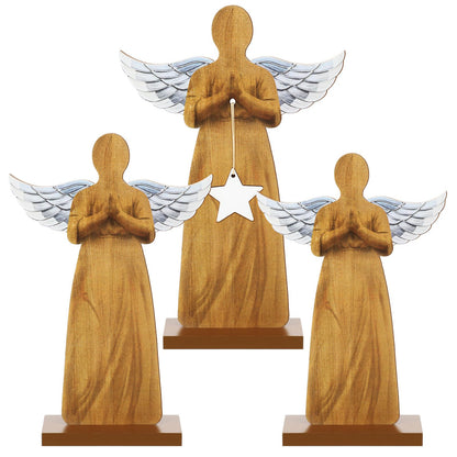 Suzile Set of 3 Wooden Angel Ornament Angel Statue Figurine Angel Shaped Christmas Ornaments Farmhouse Rustic Xmas Angel Table Crafts for Christmas Home