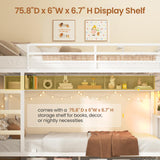 VIAGDO Bunk Bed Twin Over Twin with Charging Station and LED Lights, Heavy Duty Metal Bunk Bed with Desk and 3 Storage Drawers, Utility Storage Shelf and Boxes, No Box Spring Needed, White VIAGDO