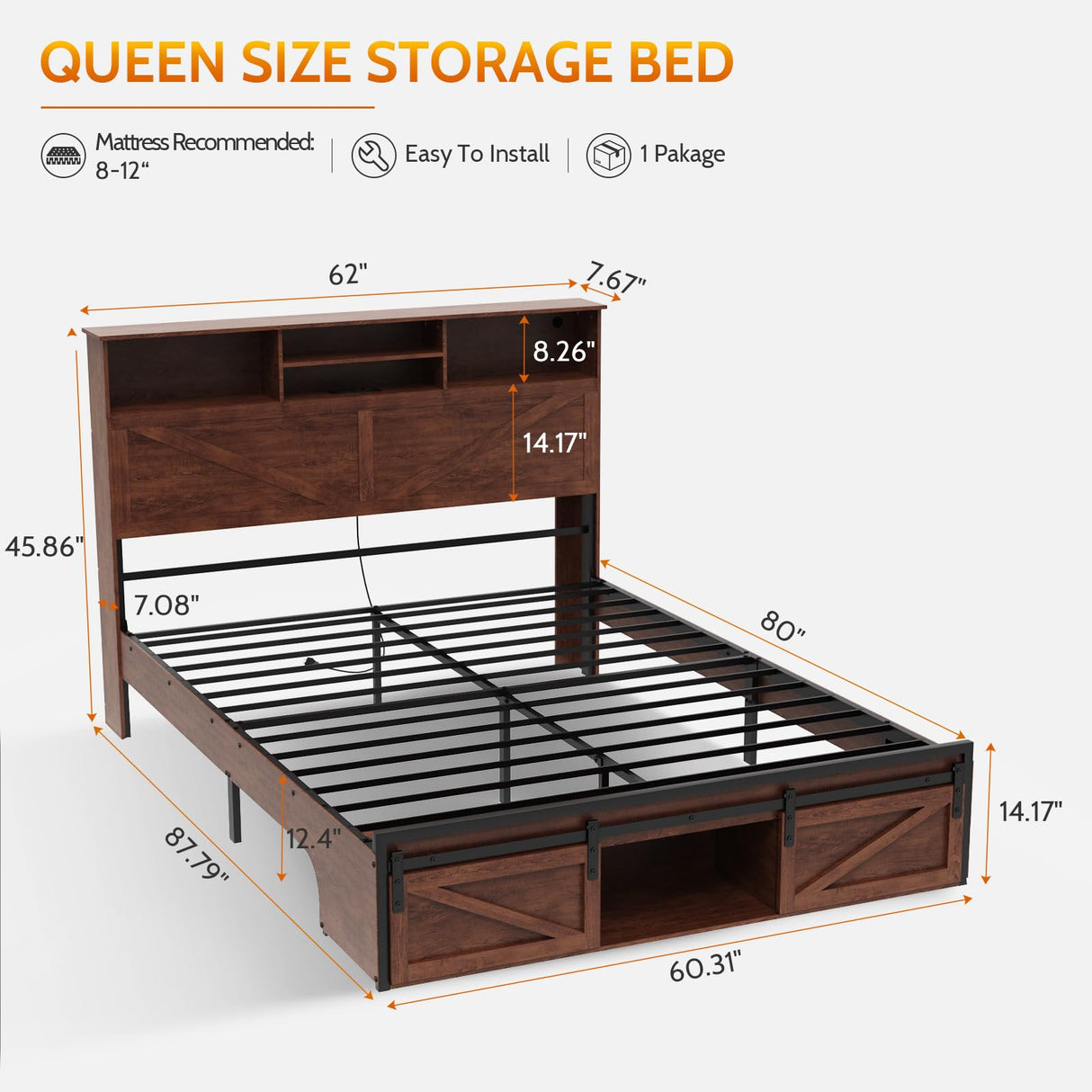 Farmhouse Queen Bed Frame with Bookcase Storage Headboard, Charging Station and LED Lights, Wood Bed Frame Queen Size with Sliding Barn Door Storage, Noiseless, No Box Spring Needed, Reddish Brown Dolonm