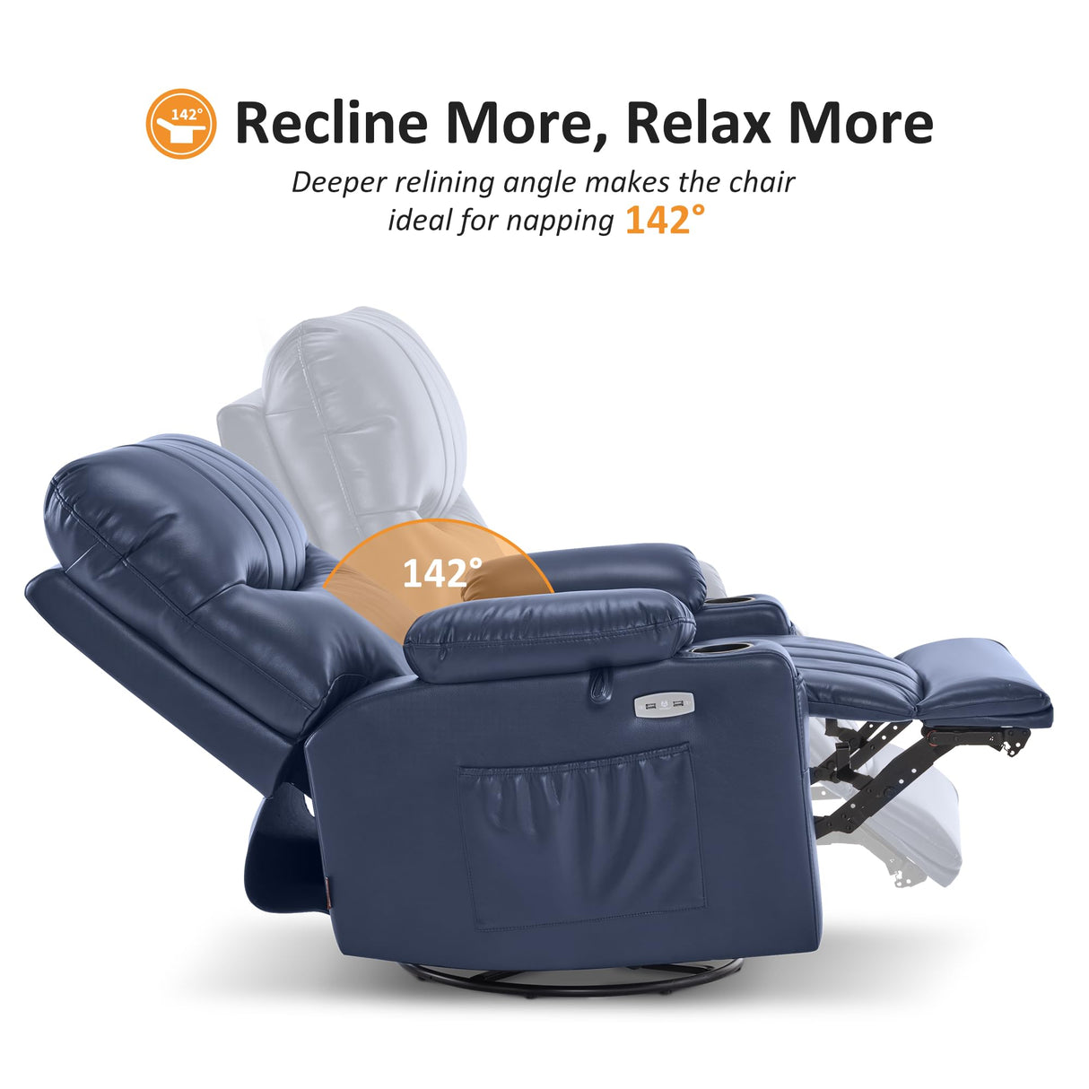 MCombo Oversized Swivel Glider Rocker Power Recliner Chair for Living Room with Heat and Vibration Massage, USB Ports, Cup Holders and Pockets, Faux Leather 7785 (Navy Blue) MCombo