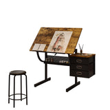 Drafting Table, Drawing Desk for Artists Adults Architect, Art Desk with Stool and 3 Non-Woven Storage Drawers, Height Adjustable Tilted Tabletop, Painting Studio Design Work Station, Rustic Brown TehRecBT