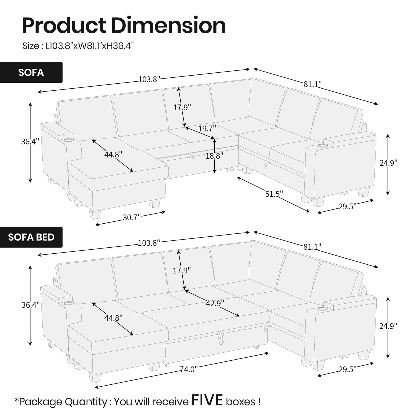 Belffin Modular Sectional Sleeper Sofa Couch Bed with Storage Chaise U Shaped Couch with Pull Out Sofa Bed for Living Room. Light Grey Couch.