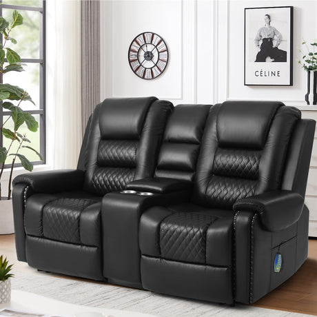 Large Massage Recliner Loveseat with Storage Console Lumbar Heating, PU Leather Reclining Sofa Chairs, Ergonomic Living Room Loveseat Chairs with 2 Cup Holders (Black) COSVALVE