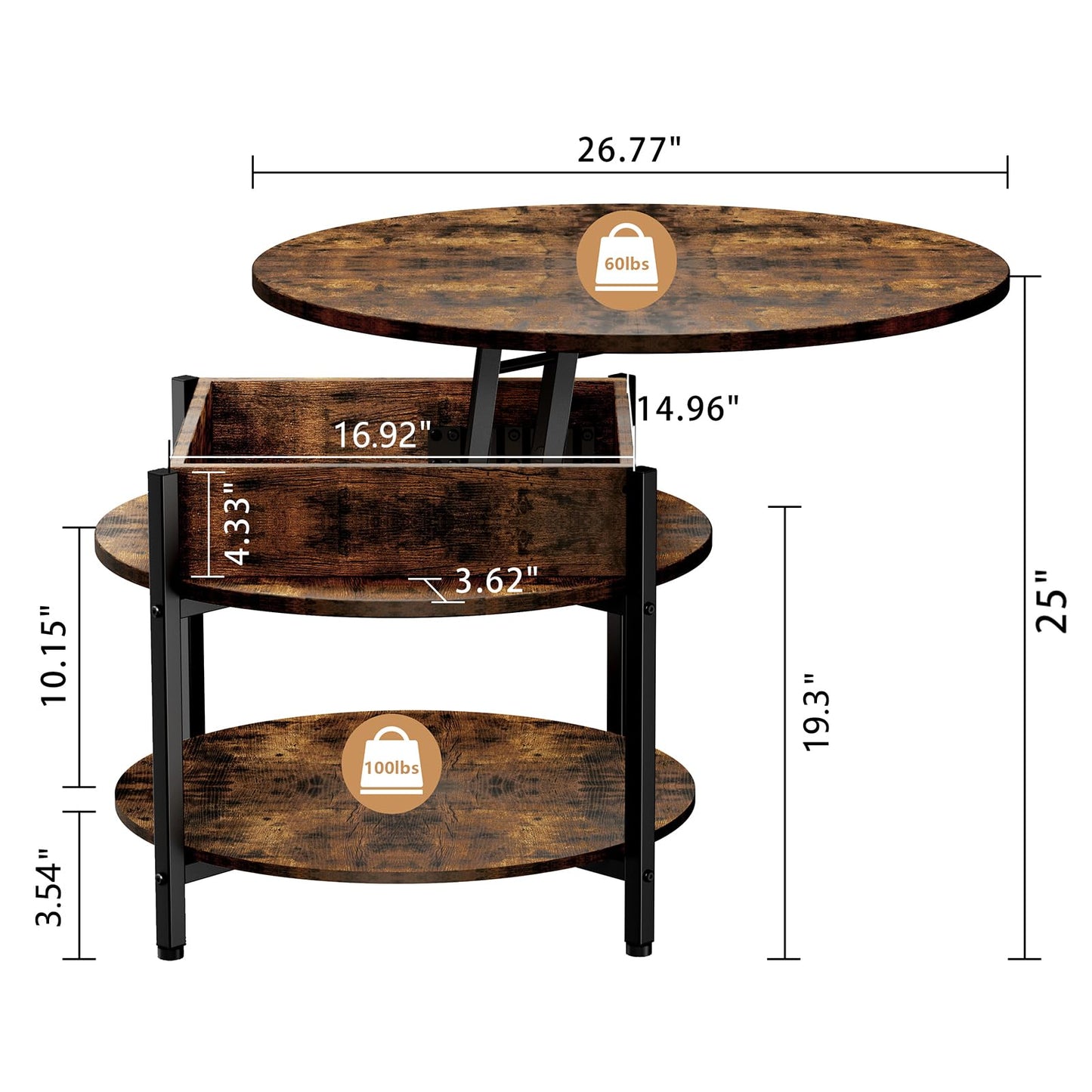 Ablefurn 26.77” Round Lift Top Coffee Table with Hidden Compartment and Adjustable Foot Pad,Rustic Central Table Dining Table with Lift Tabletop and Open Shelf for Home Living Room, Office, Brown