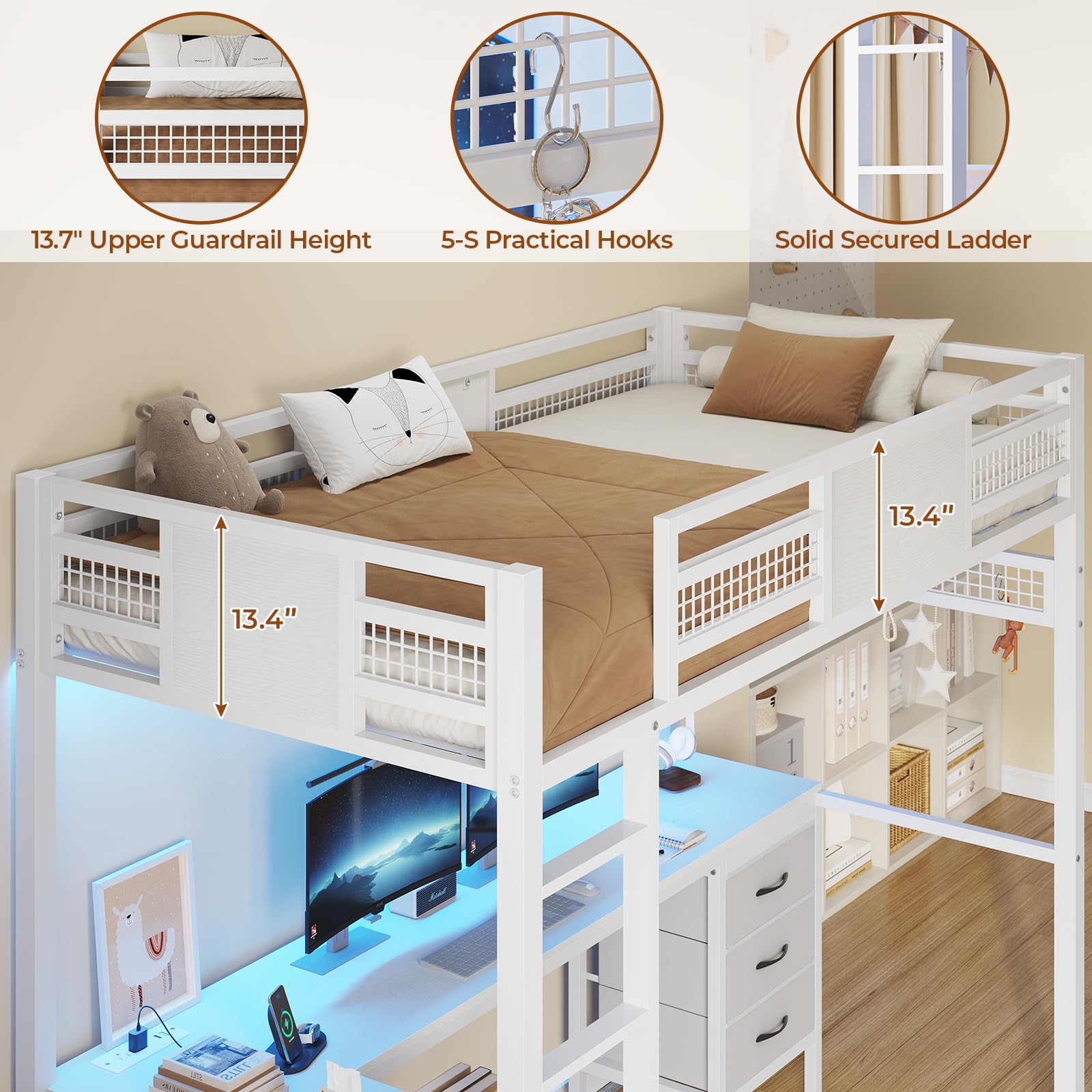 BTHFST Twin Loft Bed with L-Shaped Desk, LED Lights, Charging Station & Storage Solutions - WoodArtSupply