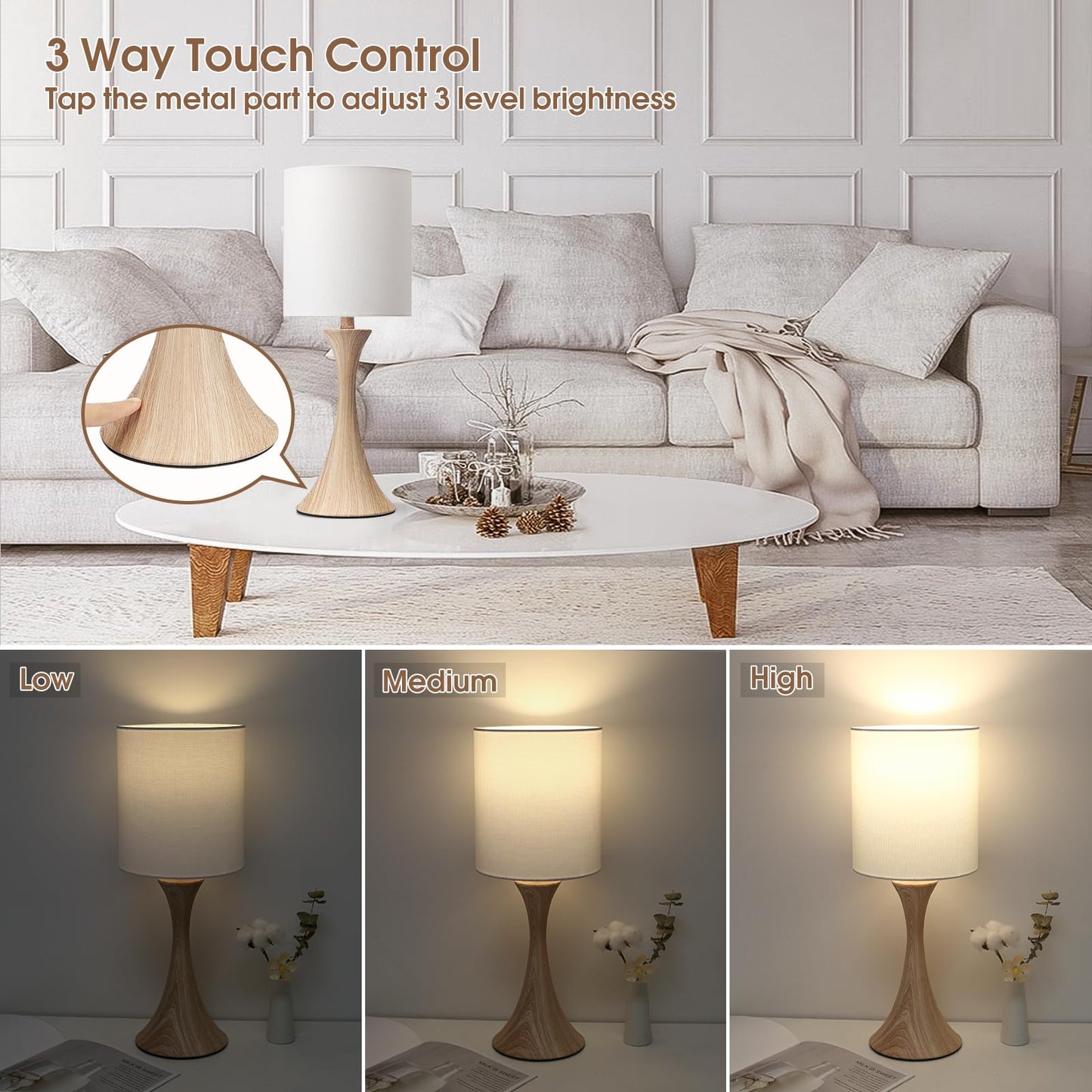 Bedside Touch Lamp, 3 Way Dimmable Touch Control Table Lamp, Wood Grain Farmhouse Table Lamp, Modern Nightstand Lamp with White Shade for Bedroom, Dorm, Office, 3000K LED Bulb Included - WoodArtSupply