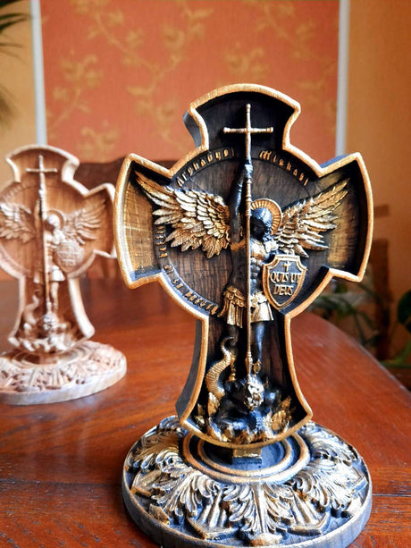 Saint Archangel Michael on the stand Natural OAK Wood Carved Wall Hanging Wooden Carved Home Decor - Personalized - All Sizes - Any Occasion Christian Gift Idea Kozakworkshop