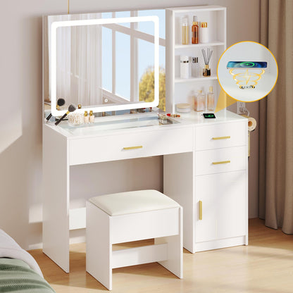 DWVO 45" W Vanity Desk with Wireless Charging Station & Power Outlet, Vanity Mirror w/Lights Table Set with Storage Bench, 4 Large Drawers Vanity Set 3 Lighting Modes Brightness Adjustable, White