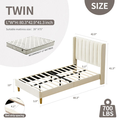 YUHUASHI upholstered Platform Bed Frame/Twin Bed Frame/Modern Geometric Double-Wing Design headboard/Velvet Fabric/Easy to Assemble no Noise (Cream, Twin)