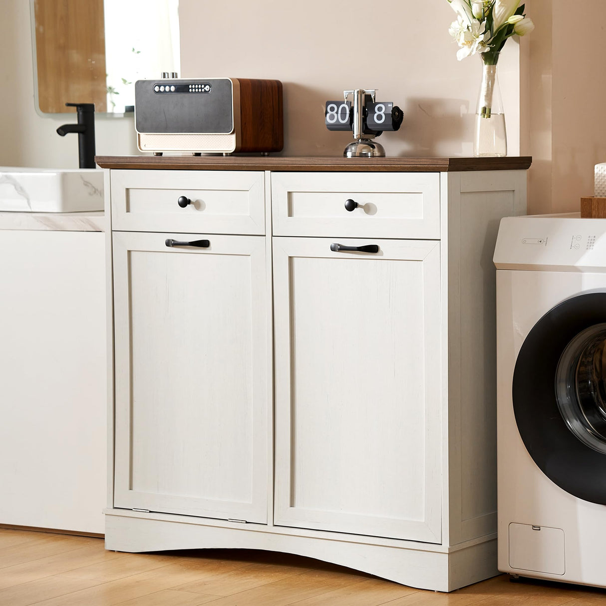 Spurgehom 13 Gallon Tilt Out Trash Cabinet Kitchen Waste Bins, Laundry Hamper Tilt Out Pet Proof Hidden Trash Bin for Kitchen Living Room, Antique White Spurgehom