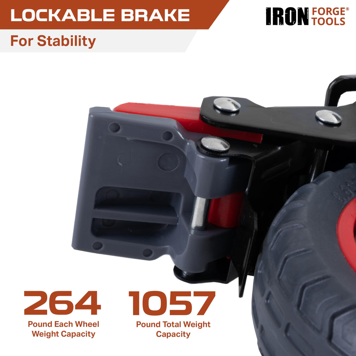 Iron Forge Tools Heavy Duty Swivel Knobby Casters Set of 4, 6" Height, 5" Diameter, Solid PU Knobby Tread Heavy Duty Wheels, Swiveling Bases, Two Casters with Brakes, Two Without, Black & Red Iron Forge Tools