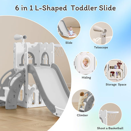 MOCUTEEN 6 in 1 Toddler Slide,Baby Playset for Indoor Outdoor Playground with Basketball Hoop,Storage and Telescope,Climbing Toys for Toddler Playground Playset MOCUTEEN