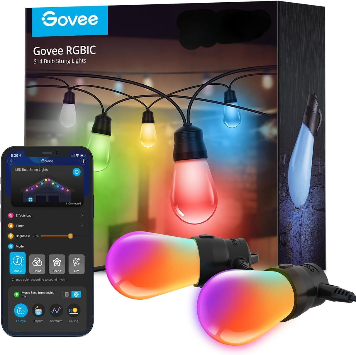 Govee Smart Outdoor String Lights H7015, 48ft RGBIC Outdoor Lights with 15 Dimmable LED Bulbs, IP65 Waterproof, Color Changing Warm White Lights with 47 Scene Modes for Patio, Backyard, App Control Govee