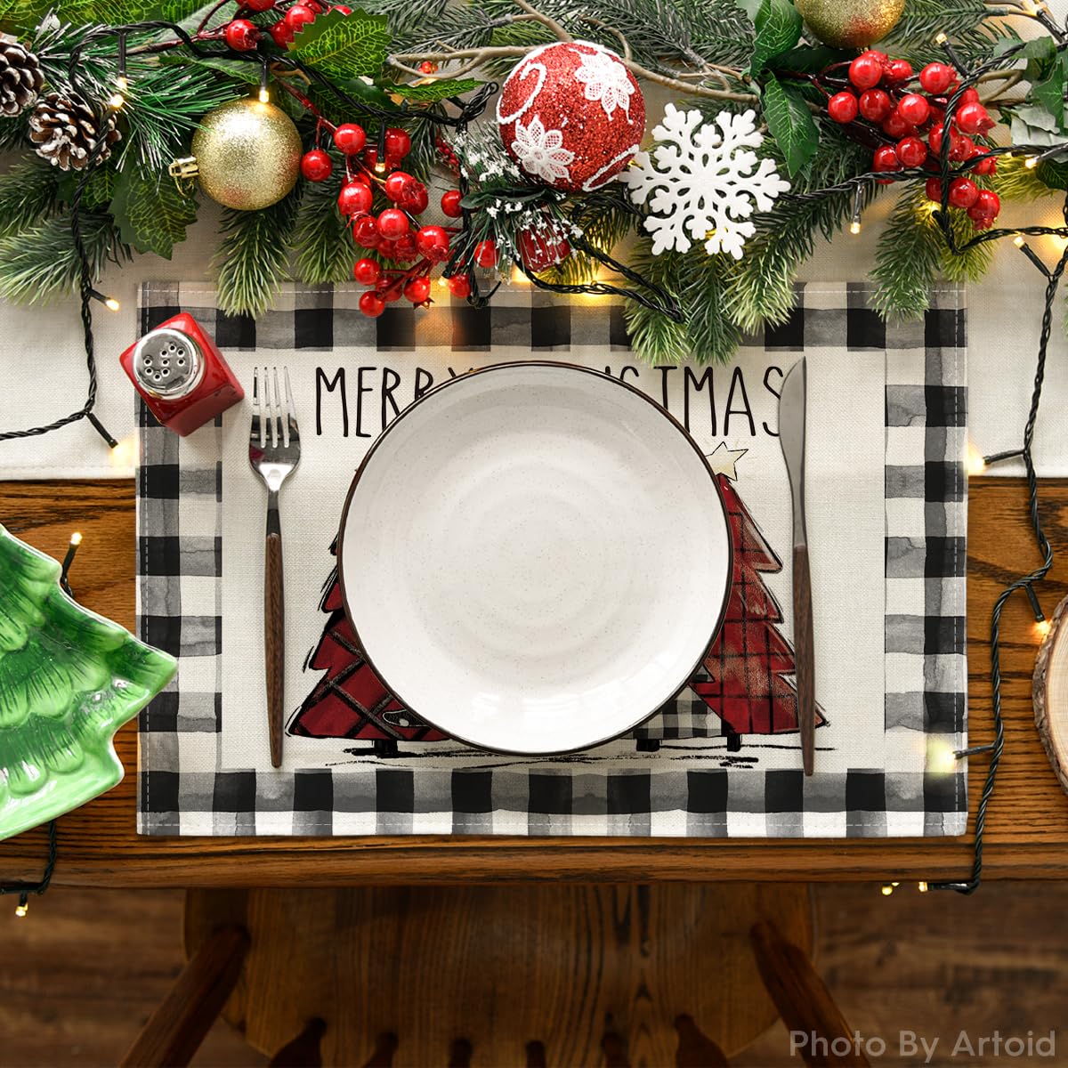 Artoid Mode Waterclor Buffalo Plaid Christmas Trees Placemats Set of 4, 12x18 Inch Winter Table Mats for Outdoor Home Party Kitchen Dining Decor Artoid Mode