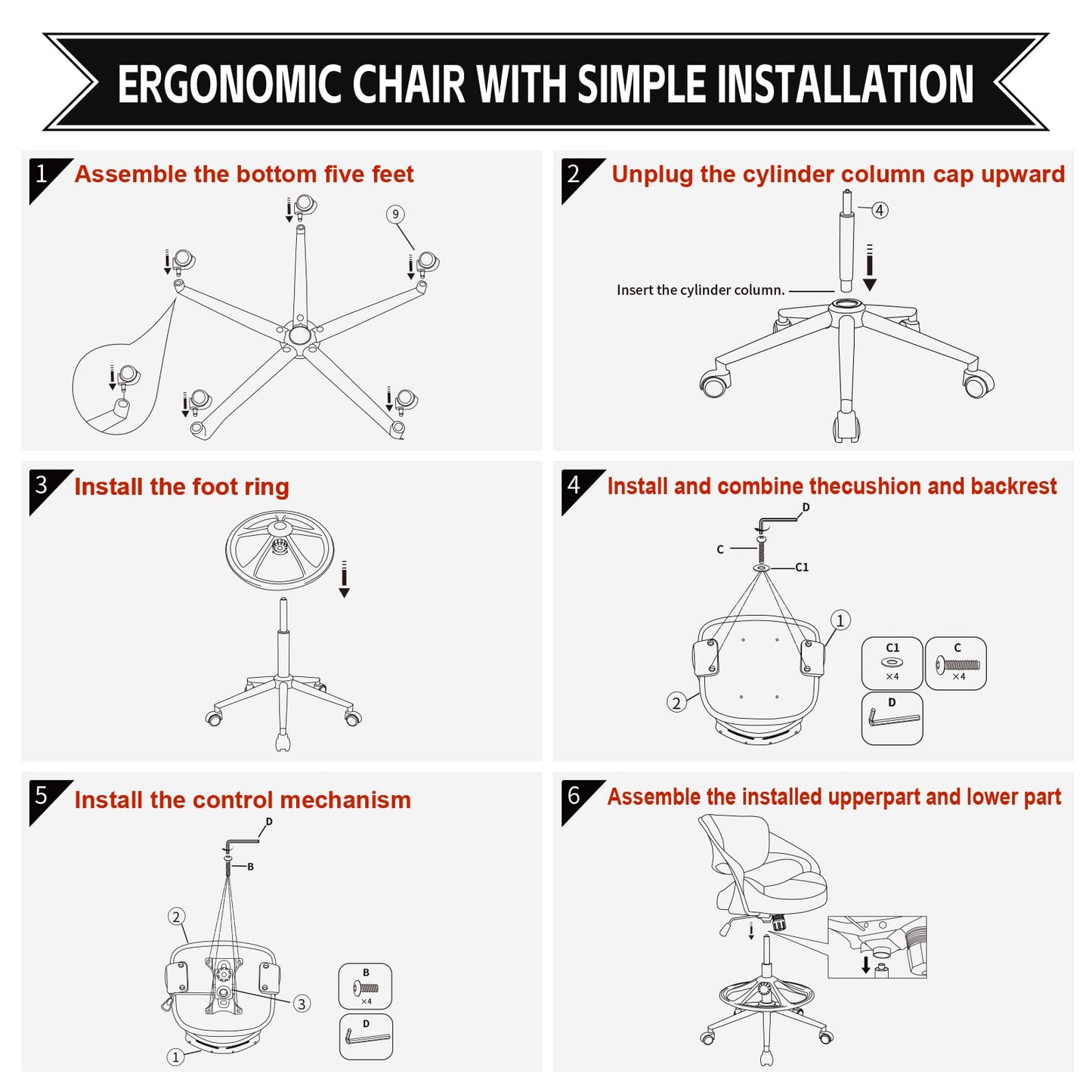 BOJUZIJA Ergonomic Drafting Chair,Standing Computer Desk Chair,Foot Ring,Lumbar Support,Swivel Task Chair - White - WoodArtSupply