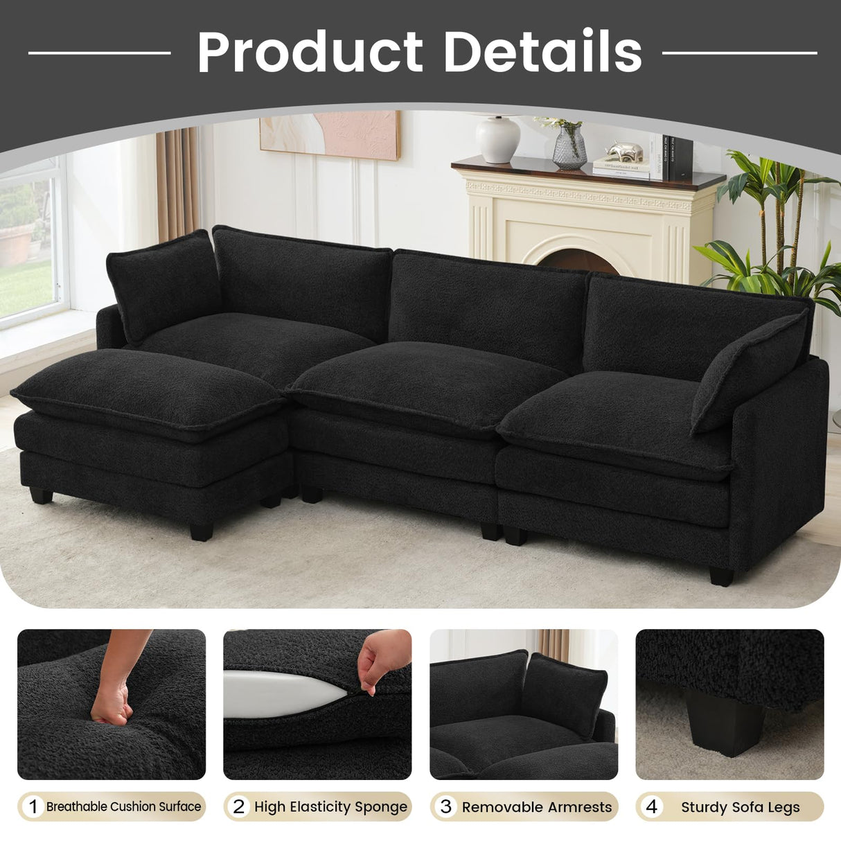 ROWHY Oversized Modular Sectional Couch with Movable Ottoman, 112" Modern Convertible L Shaped Sofa Set, 4 Seat Comfy Cloud Couch with 2 Throw Pillows, for Living Room and Office, Chenille, Black ROWHY