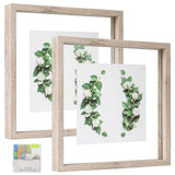 MUYE 10x10 Floating Frame Distressed Beige White Wood Pattern,Double Glass Square Picture Frame Display Any Size Photo up to 10x10,Wall Mount or Tabletop,2 Pack MUYE