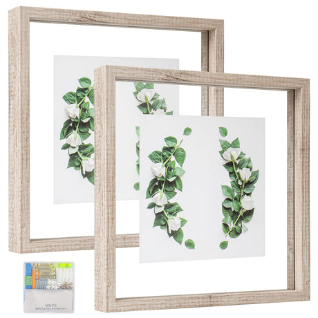 MUYE 10x10 Floating Frame Distressed Beige White Wood Pattern,Double Glass Square Picture Frame Display Any Size Photo up to 10x10,Wall Mount or Tabletop,2 Pack MUYE