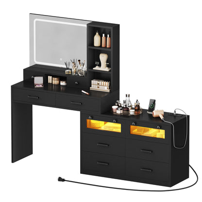 DWVO Vanity Desk with Mirror - RGB LED and Charging Station, Large 65" Make up Vanity Mirror with 3 Lights Mode and Brightness Adjusted, Large Storage Space-10 Drawers, 4 Storage Shelves, Bla - WoodArtSupply