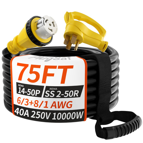 PlugSaf 40 Amp Generator Cord, 75FT 40 Amp RV Extension Cord with Twist Lock, Generator Cord 40A 4 Prong Yellow, 14-50P to SS2-50R Heavy Duty 6/3+8/1 AWG STW Wire for RV Camper & Generator to House PlugSaf