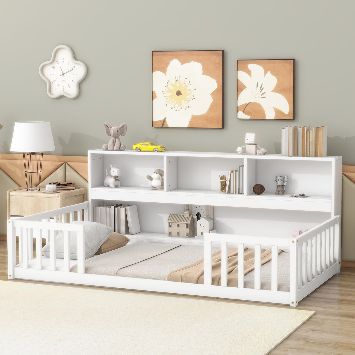 Harper & Bright Designs Twin Floor Bed with Bedside Bookcase, Shelves, Guardrails, Wood Montessori Bed with Storage, White Harper & Bright Designs