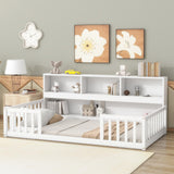 Harper & Bright Designs Twin Floor Bed with Bedside Bookcase, Shelves, Guardrails, Wood Montessori Bed with Storage, White Harper & Bright Designs