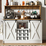 4ever2buy Farmhouse Coffee Bar Cabinet with Hutch, 47'' Kitchen Buffet Cabinet with 9 Wine Racks and 6 Hooks, Coffee Bar with Sliding Barn Door, White 4ever2buy