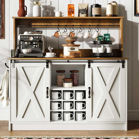 4ever2buy Farmhouse Coffee Bar Cabinet with Hutch, 47'' Kitchen Buffet Cabinet with 9 Wine Racks and 6 Hooks, Coffee Bar with Sliding Barn Door, White 4ever2buy