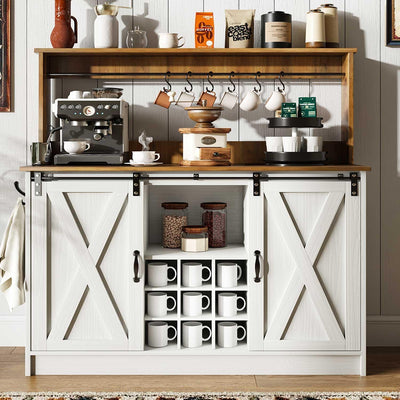 4ever2buy Farmhouse Coffee Bar Cabinet with Hutch, 47'' Kitchen Buffet Cabinet with 9 Wine Racks and 6 Hooks, Coffee Bar with Sliding Barn Door, White