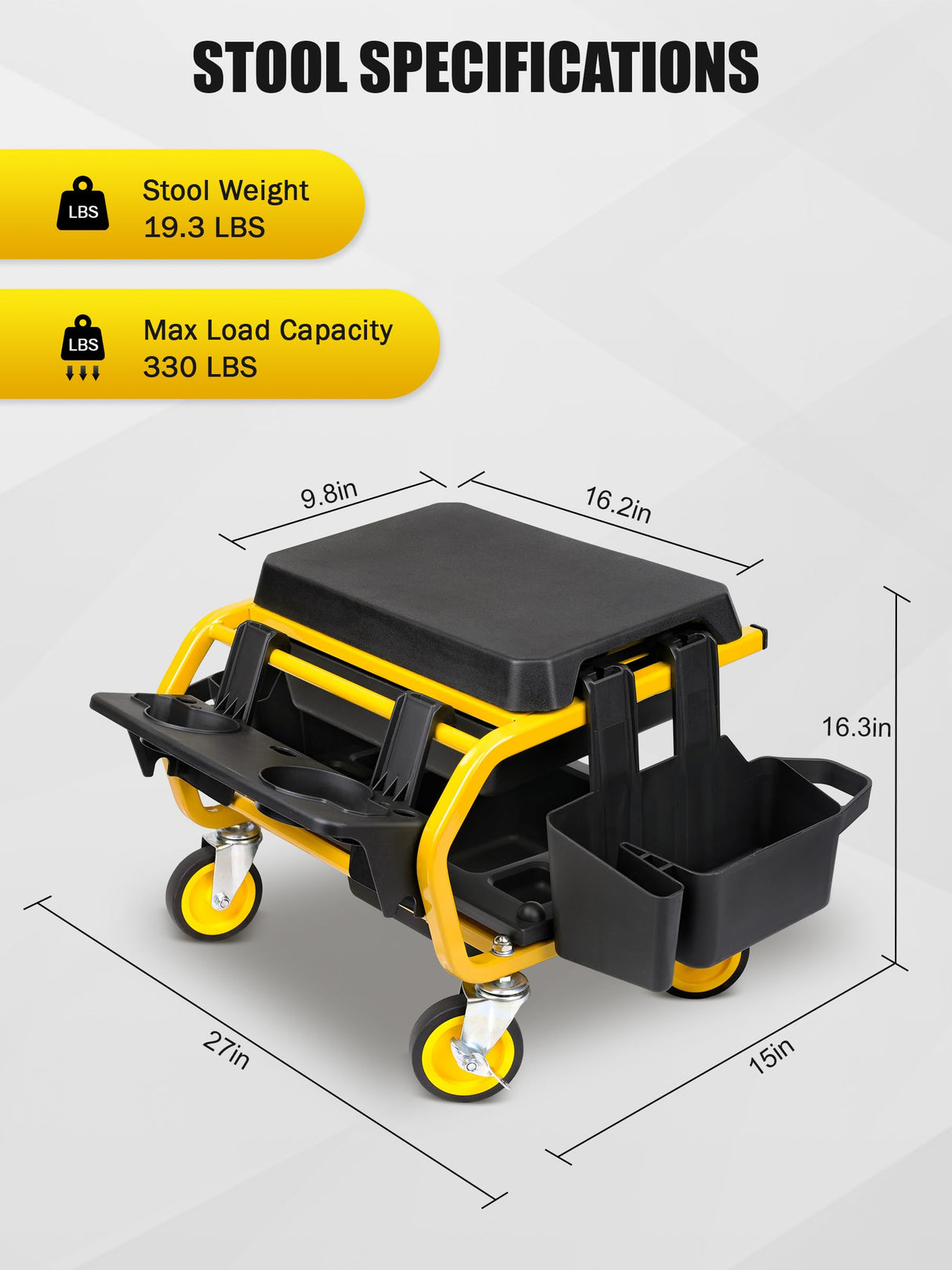 SMART JERRY - Rolling Mechanic Stool with Wheels, Garage Work Stool for Mechanics, Rolling Garage Stool on Wheels, Car Detailing Stool, Heavy Duty Mechanic Chair (330 LBS Max Load Capacity) SMART JERRY