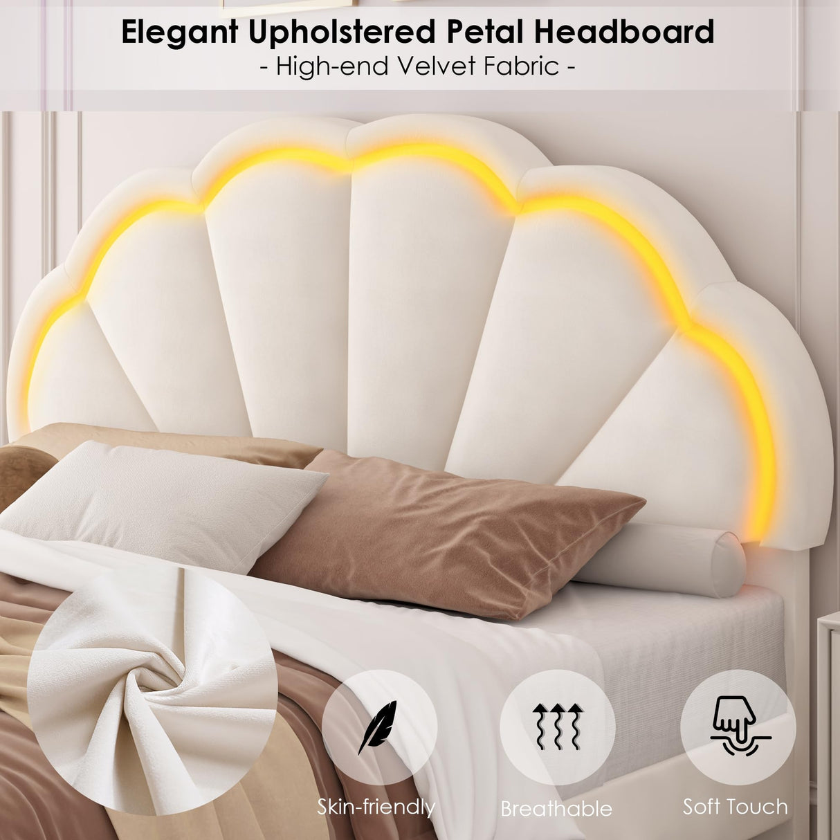 HIFIT King Size Upholstered LED Bed Frame with Adjustable Elegant Flowers Headboard in Beige HIFIT