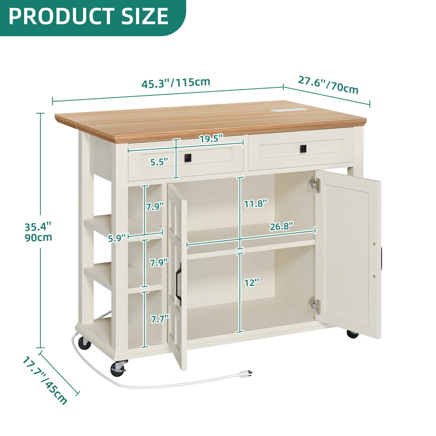 YITAHOME Kitchen Island with Drop Leaf & Power Outlet, Rolling Kitchen Cart on Wheels, Americana Kitchen Island Cabinet with Open Shelves for Kitchen Dining Room, Thicker Rubberwood Top, Off White