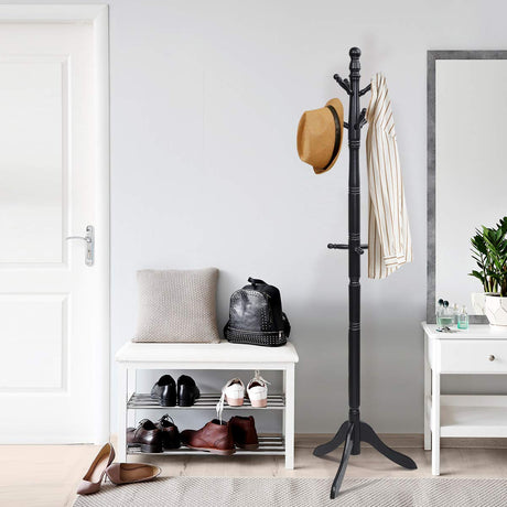 Tangkula Wood Coat Rack Freestanding, Entryway Height Adjustable Coat Stand with 9 Hooks & Stable Tri-Legged Base, Rubber Wood Coat Tree Hall Tree Coat Hanger Stand for Home Office Hall Entryway Tangkula