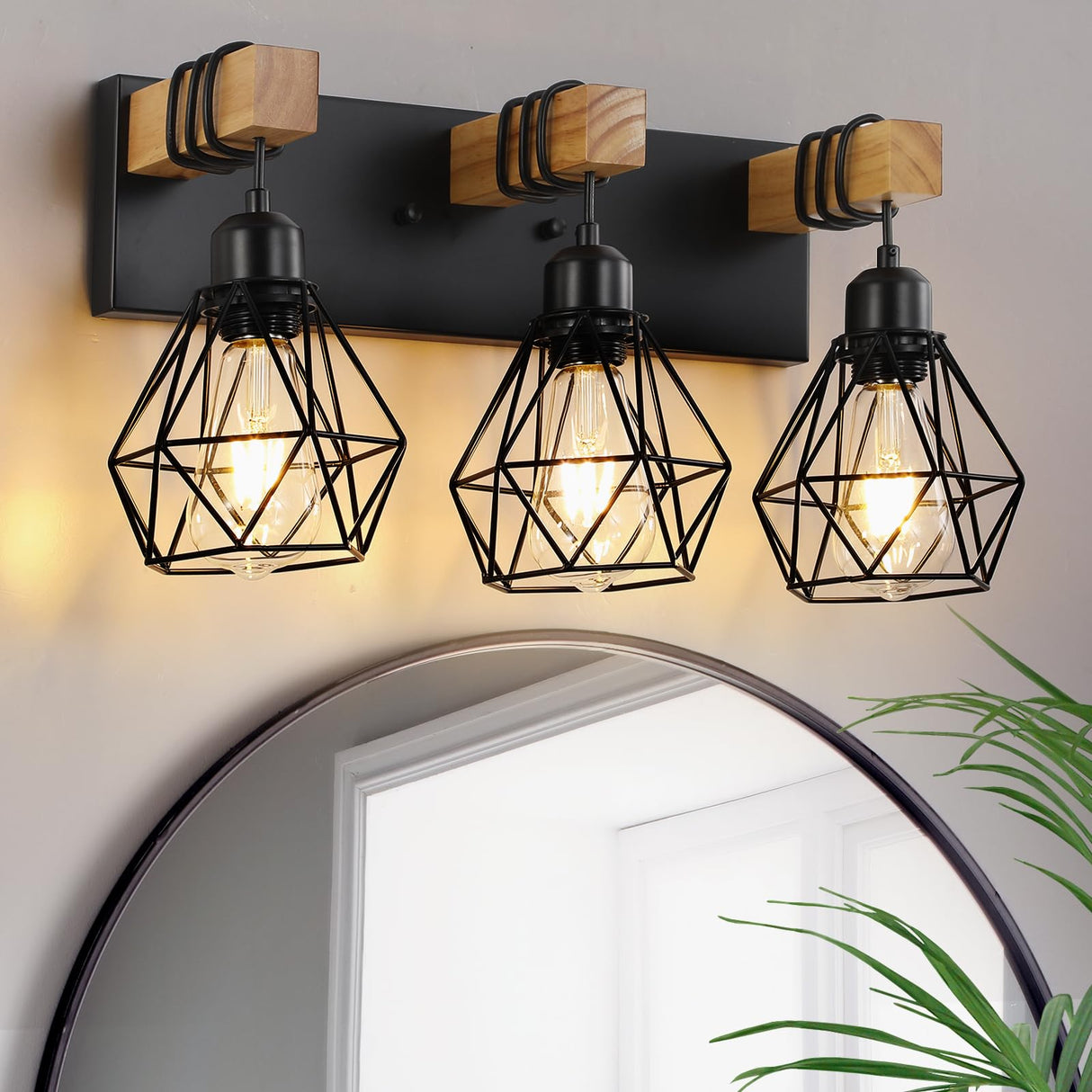 Farmhouse Vanity Light for Bathroom, 3-Light Wood Bathroom Vanity Light Fixtures Over Mirror, Rustic Sconces Wall Lighting with Metal Lampshade for Living Room, Bedroom, Hallway VbiTmn
