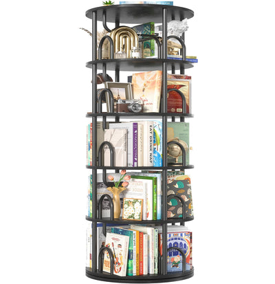 Aheaplus 5 Tier Rotating Bookshelf Tower, 360 Display Spinning Bookcase, Revolving Round Book Shelf Narrow Swivel Bookshelf, Vertical Turning Spiral Corner Book Organizer for Small Space, Black