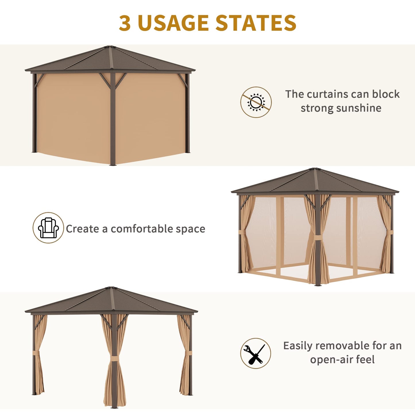 Outsunny 10' x 10' Hardtop Gazebo with Curtains and Netting, Permanent Pavilion Metal Single Roof Gazebo Canopy with Aluminum Frame and Hooks, for Garden, Patio, Backyard, Light Brown - WoodArtSupply