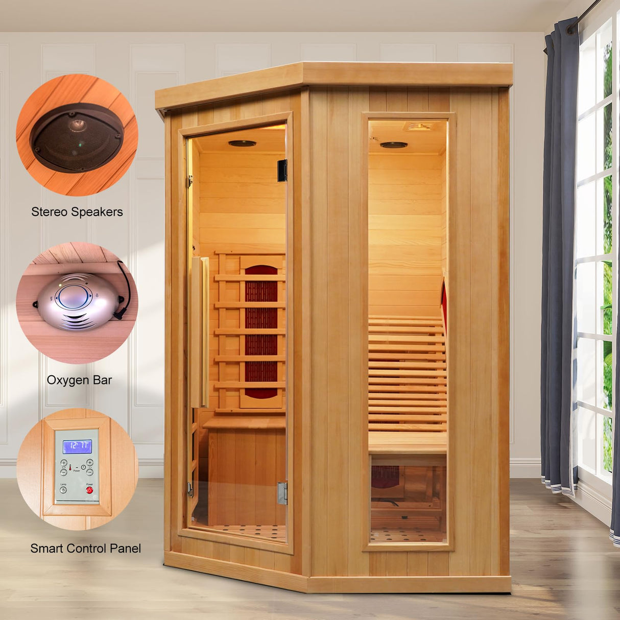 Smartmak Far Infrared Wood Sauna, 1 or 2 Person Home Canadian Hemlock Luxurious Wooden Traditional Indoor Corner Saunas, 2300 W Spa Room with Recliner, 8 Heating Element, Speaker, Lights, Oxygen Bar Smartmak