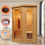 Smartmak Far Infrared Wood Sauna, 1 or 2 Person Home Canadian Hemlock Luxurious Wooden Traditional Indoor Corner Saunas, 2300 W Spa Room with Recliner, 8 Heating Element, Speaker, Lights, Oxygen Bar Smartmak