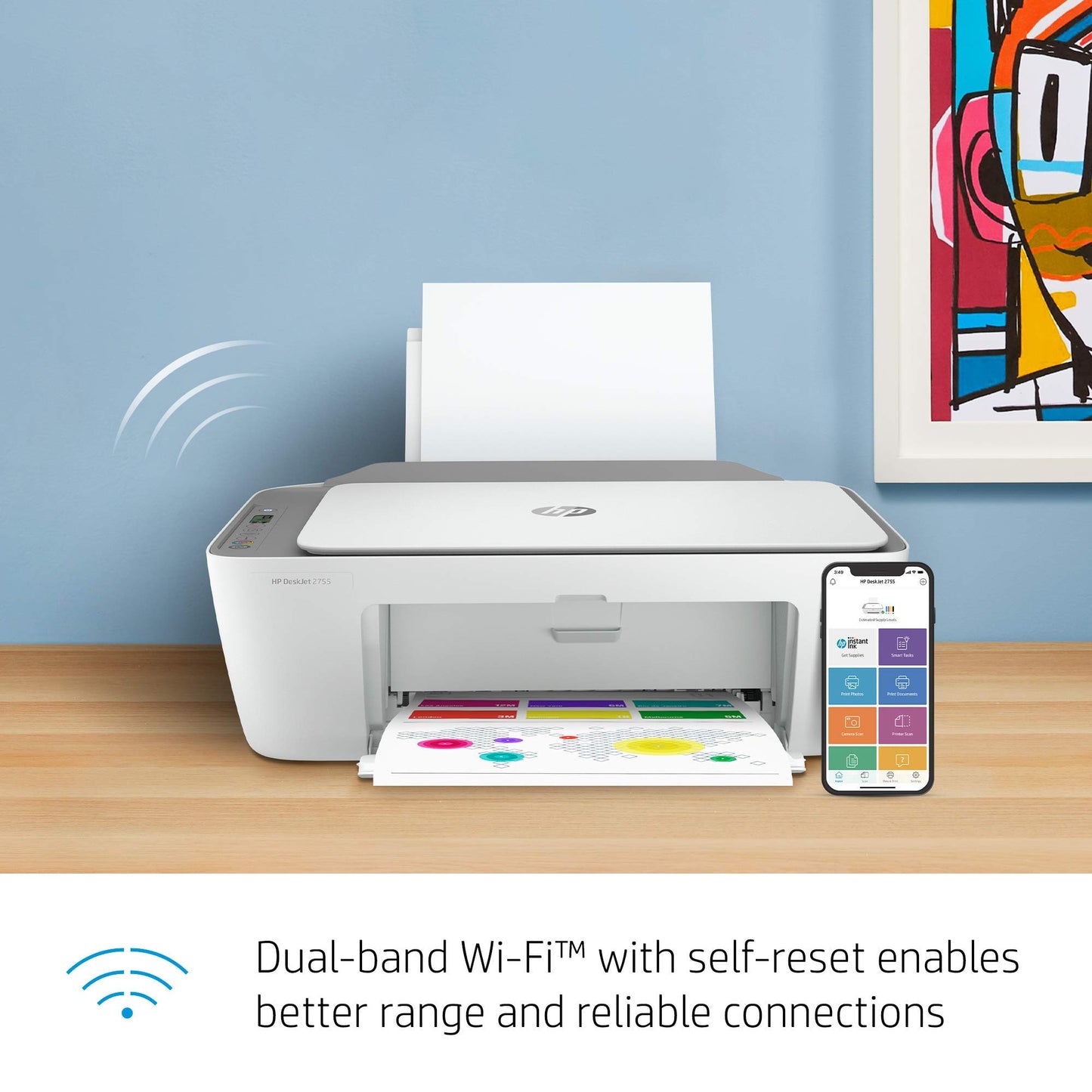 HP DeskJet 2755 All-in-One Wireless Printer Scanner Copier Instant Ink Ready Mobile Print Black 7.5ppm Color 5.5ppm Wifi Inkjet Computer Printers for Home Use and Office, 3XV17A (Renewed)