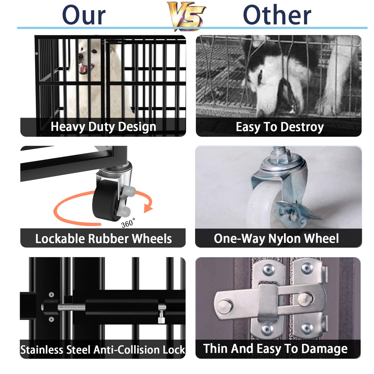 LEMBERI 48/38 inch Heavy Duty Indestructible Dog Crate, Escape Proof Dog Cage Kennel with Lockable Wheels,High Anxiety Double Door,Extra Large Crate Indoor for Large Dog with Removable Tray LEMBERI