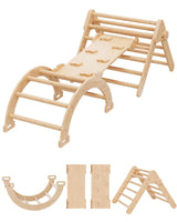 Cozy Castle 5 in 1 Pikler Triangle Set, Foldable Climbing Toys Indoor Playground, with Arch Climber, Rocker, Jungle Gym, Oak Cozy Castle