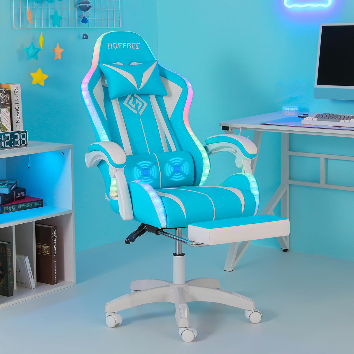 Gaming Chair with LED RGB Lights with Massage and Footrest Ergonomic Computer Chair High Back Video Game Chair with Adjustable Lumbar Support Linkage Armrest White and Blue HOFFREE