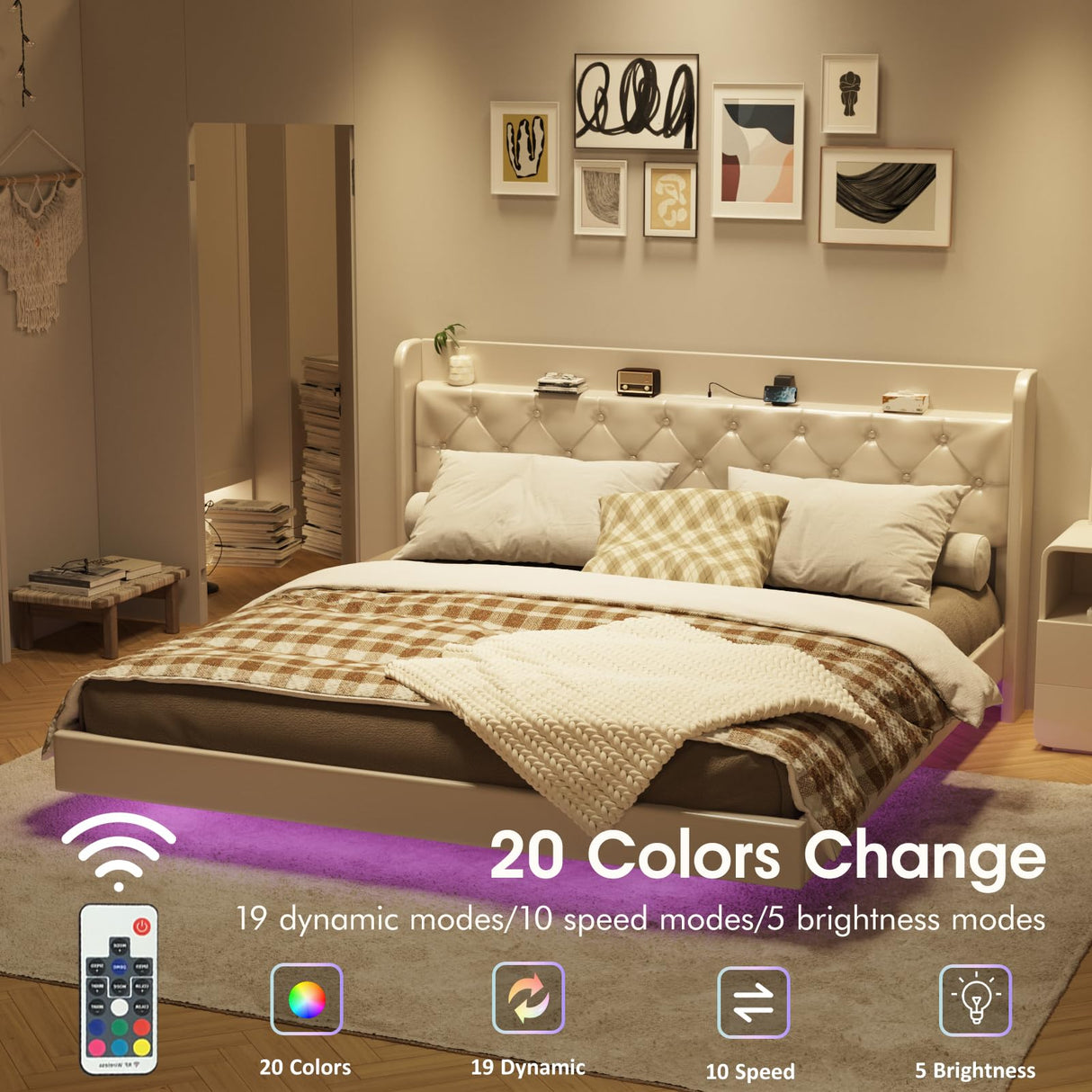 Halitaa White King Size Floating Bed Frame with LED Lights and Charging Station Halitaa