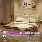 Halitaa White King Size Floating Bed Frame with LED Lights and Charging Station Halitaa