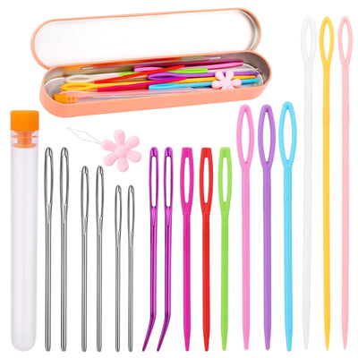 Plastic Large Eye Sewing Needles, Large-Eye Blunt Needles, Bent Tapestry Needles, Yarn Needles Crafting Knitting Stringing Needles with Storage Box and Needle Threader for Knitting Crochet